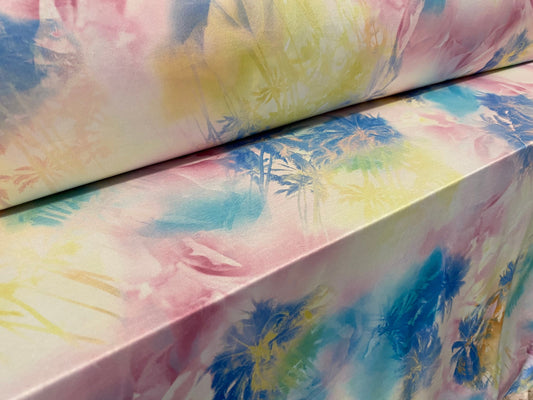 Soft touch stretch spandex jersey fabric, per metre - Hawaiian tie dye palm trees print