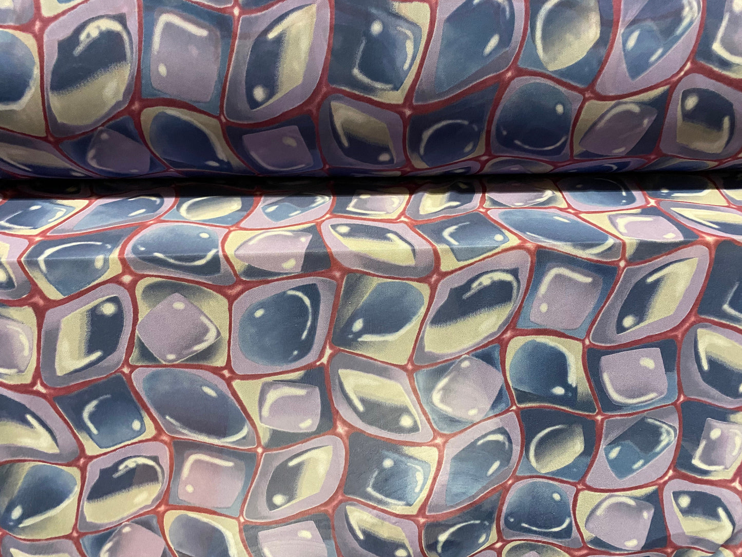 Power mesh net stretch fabric, per metre - retro geometric glass print - lilac navy & red
