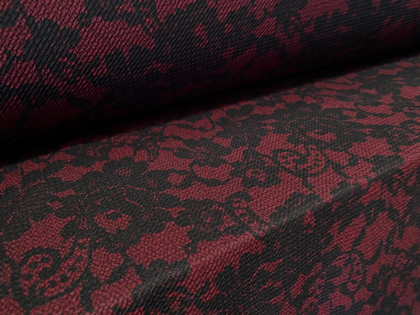Waterfall textured scuba stretch spandex jersey fabric, per metre - Wine with black lace print