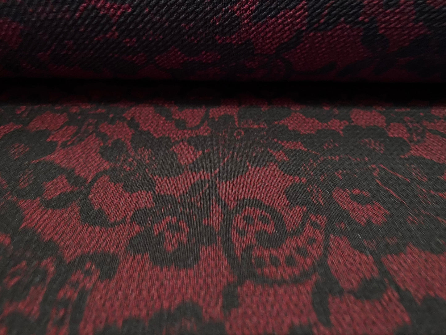 Waterfall textured scuba stretch spandex jersey fabric, per metre - Wine with black lace print