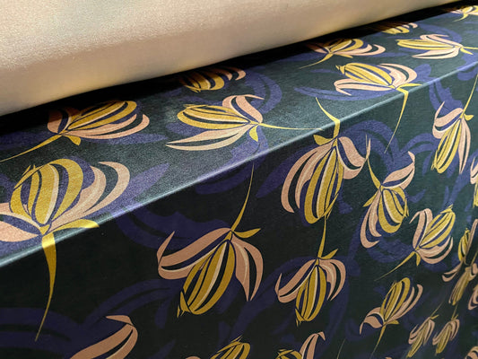 Stretch spandex jersey fabric, per metre - Stone, purple & black floral print