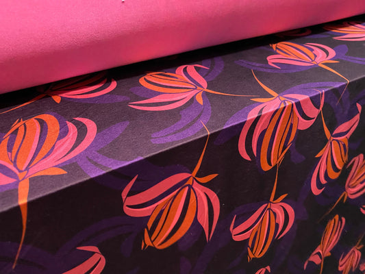 Stretch spandex jersey fabric, per metre - Pink, purple & black floral print