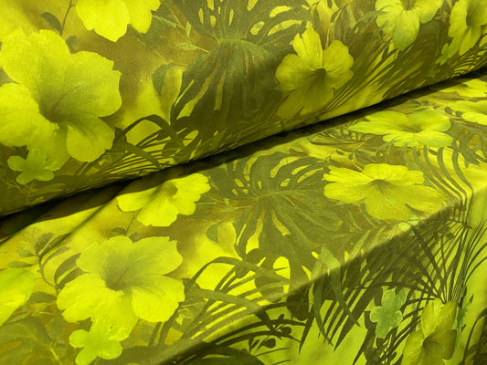 Swimwear stretch spandex jersey fabric, per metre - hibiscus flower print - lime