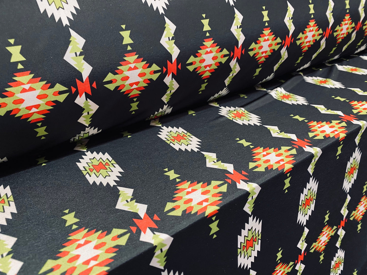 Soft touch stretch spandex jersey fabric, per metre - BLACK Aztec Inca print