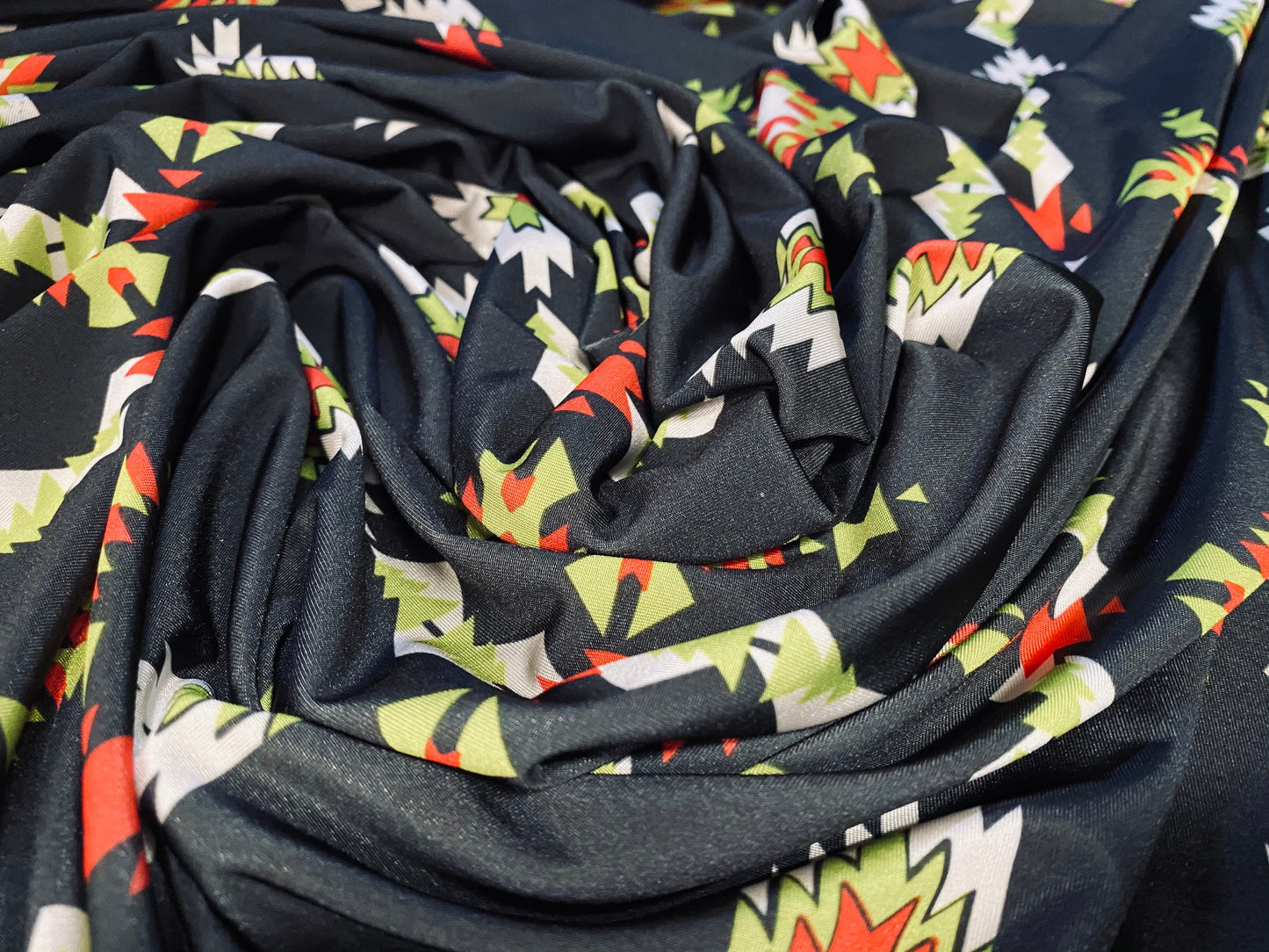 Soft touch stretch spandex jersey fabric, per metre - BLACK Aztec Inca print