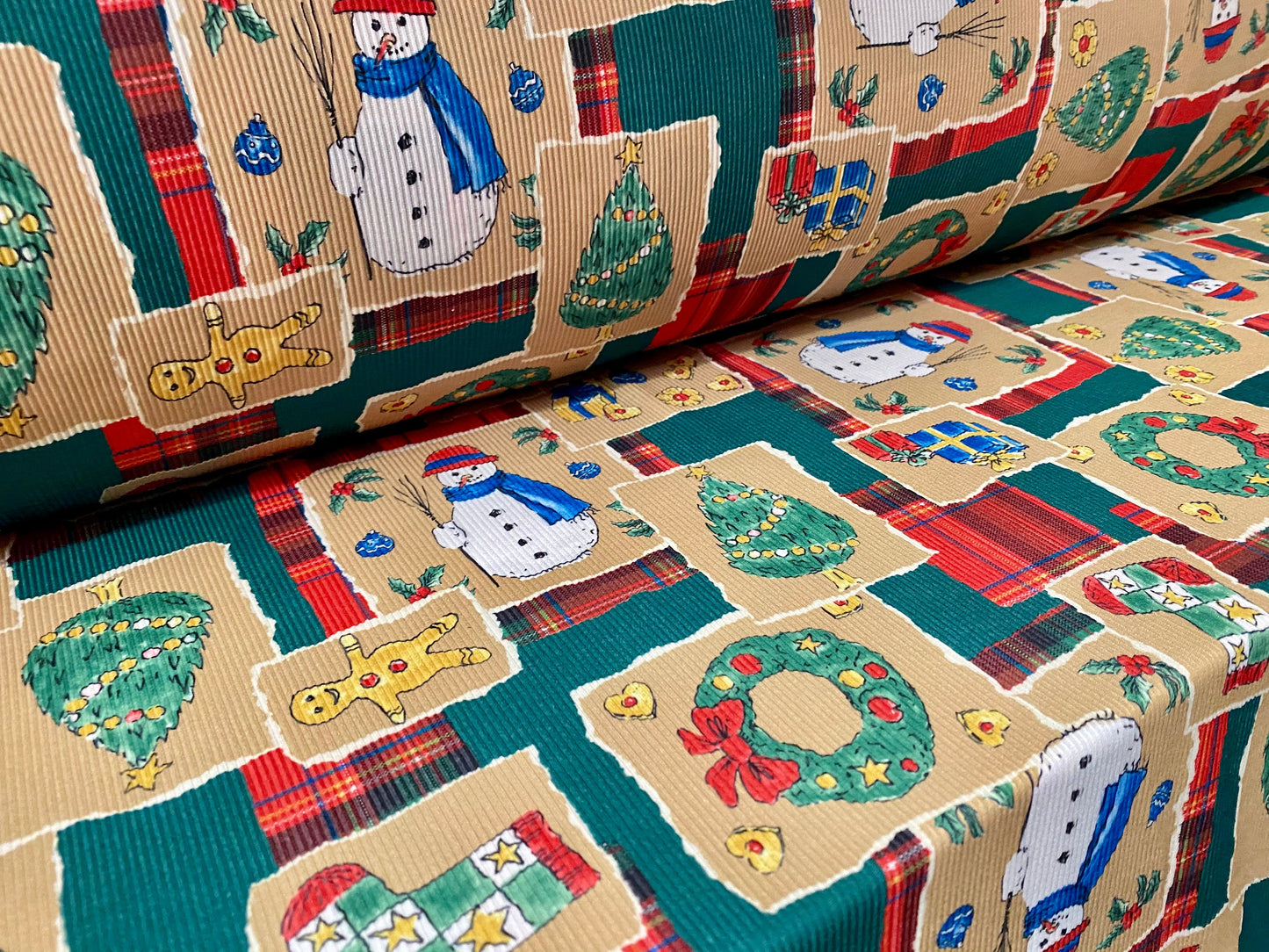 Stretch spandex rib jersey fabric, per metre - Christmas tree & snowman print