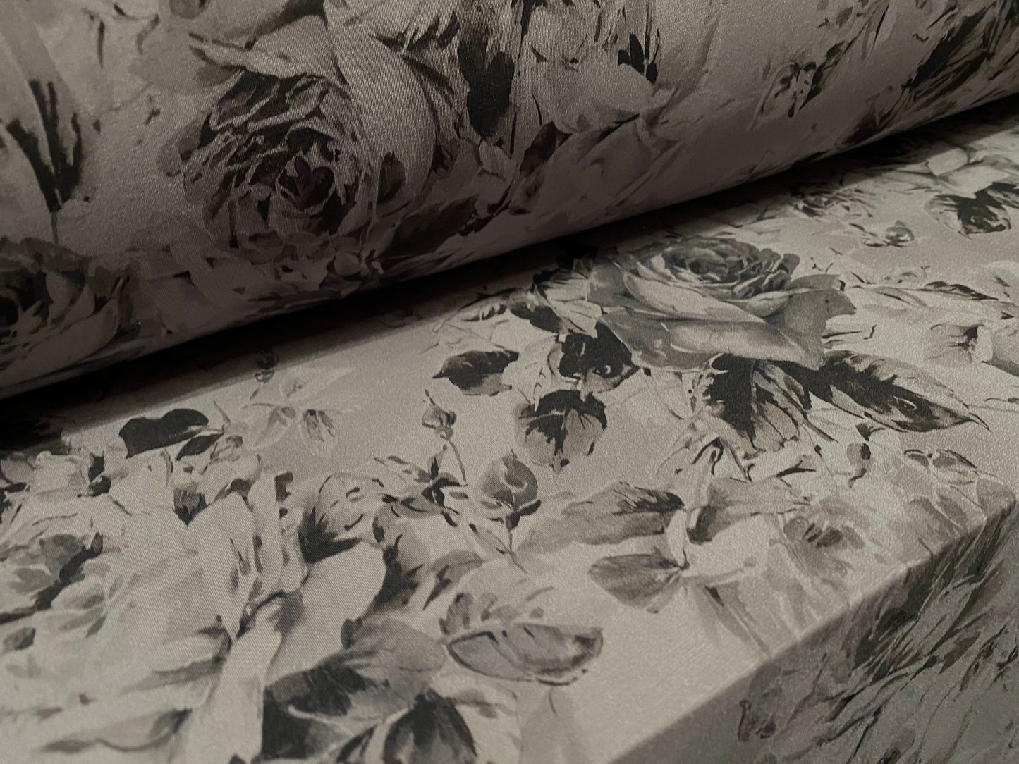 Printed ITY stretch spandex Jersey fabric, per metre - grey rose floral print