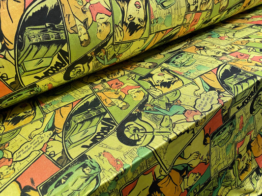 Disco shimmer spandex stretch jersey fabric, per metre - comic strip cartoon print - lime