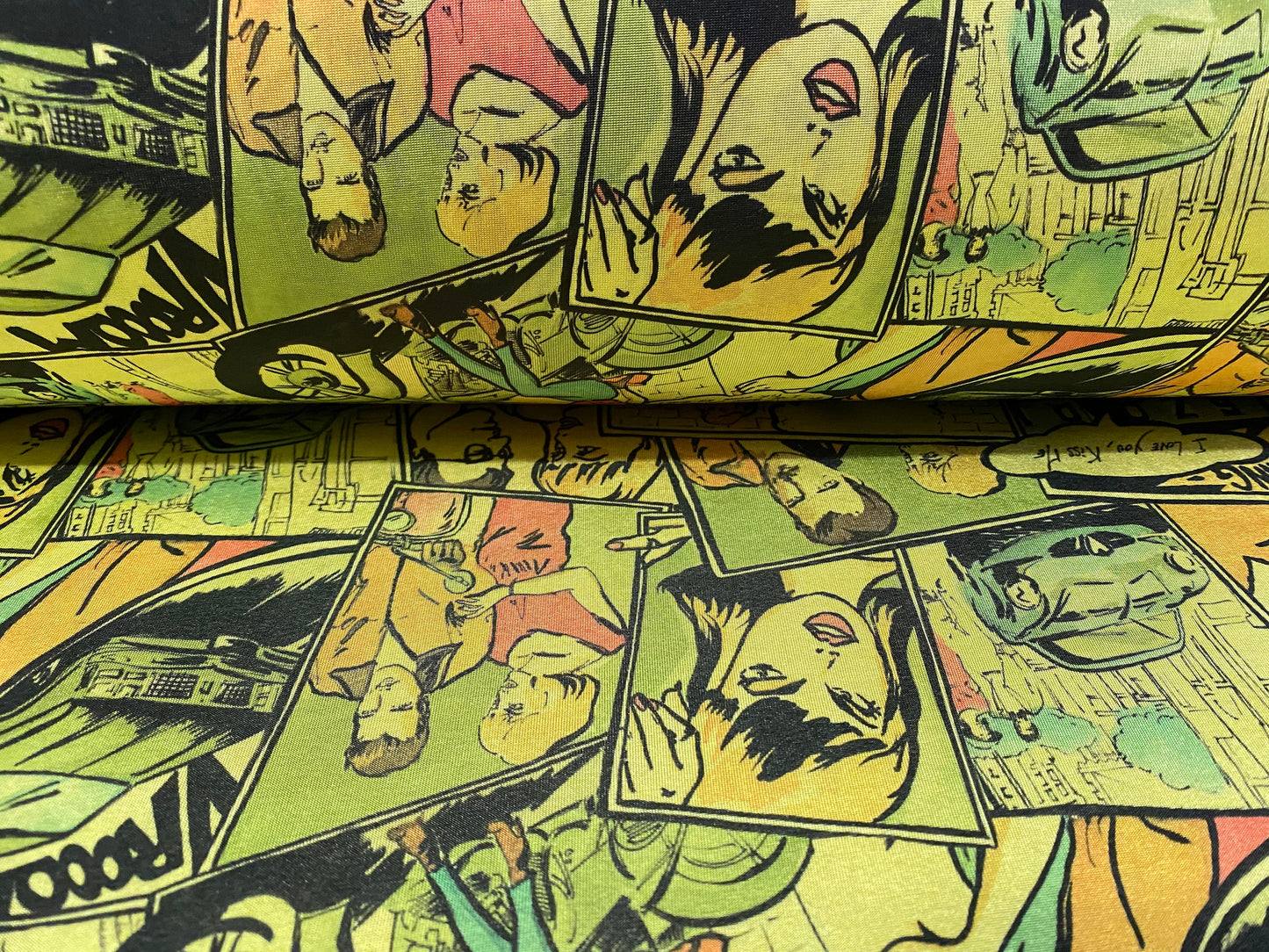 Disco shimmer spandex stretch jersey fabric, per metre - comic strip cartoon print - lime