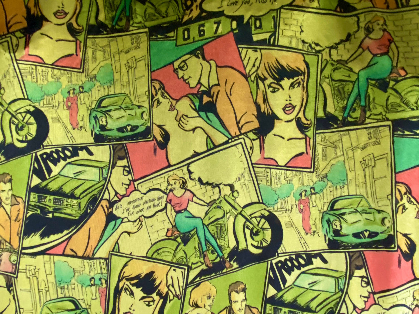 Disco shimmer spandex stretch jersey fabric, per metre - comic strip cartoon print - lime