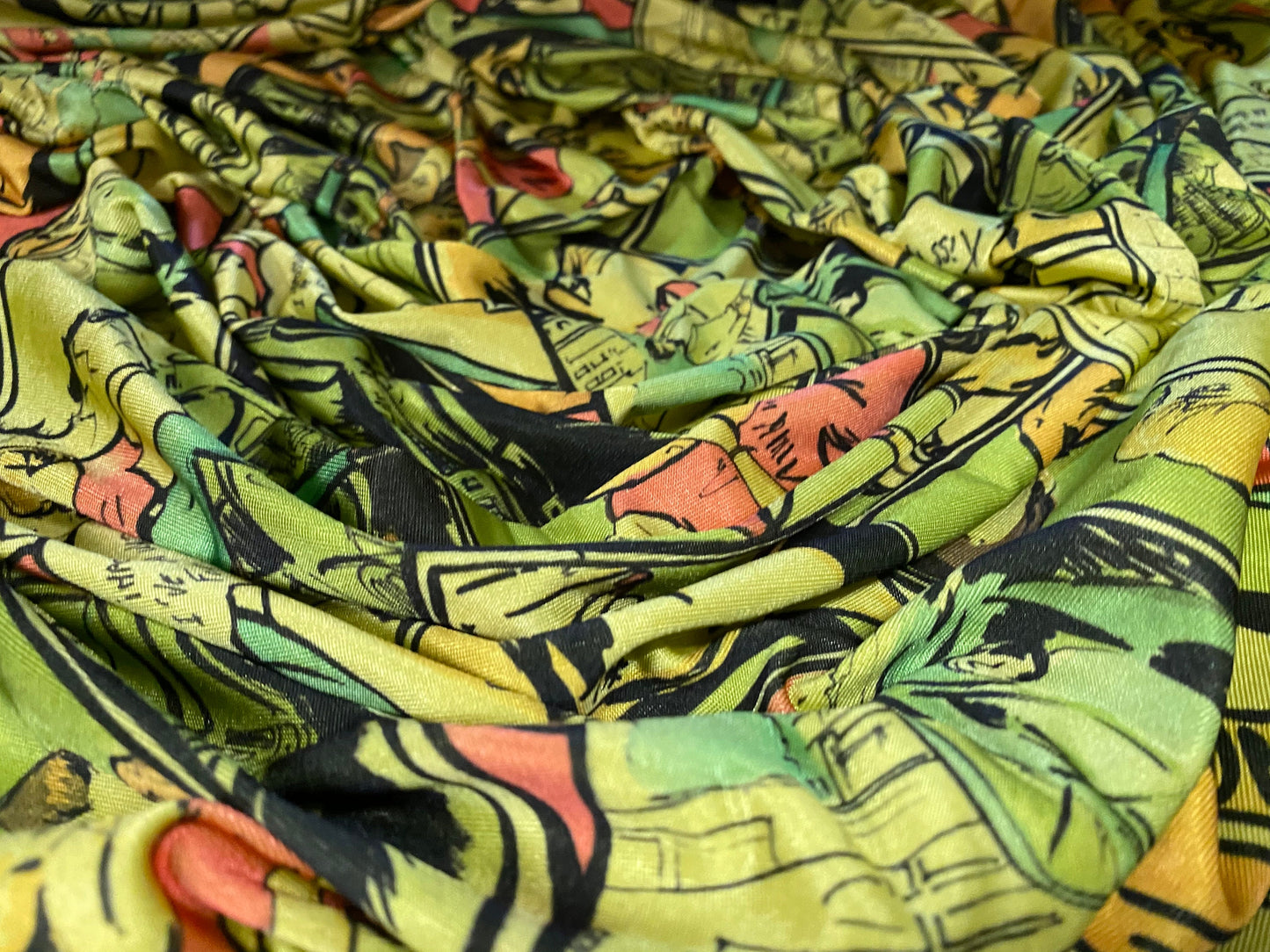 Disco shimmer spandex stretch jersey fabric, per metre - comic strip cartoon print - lime