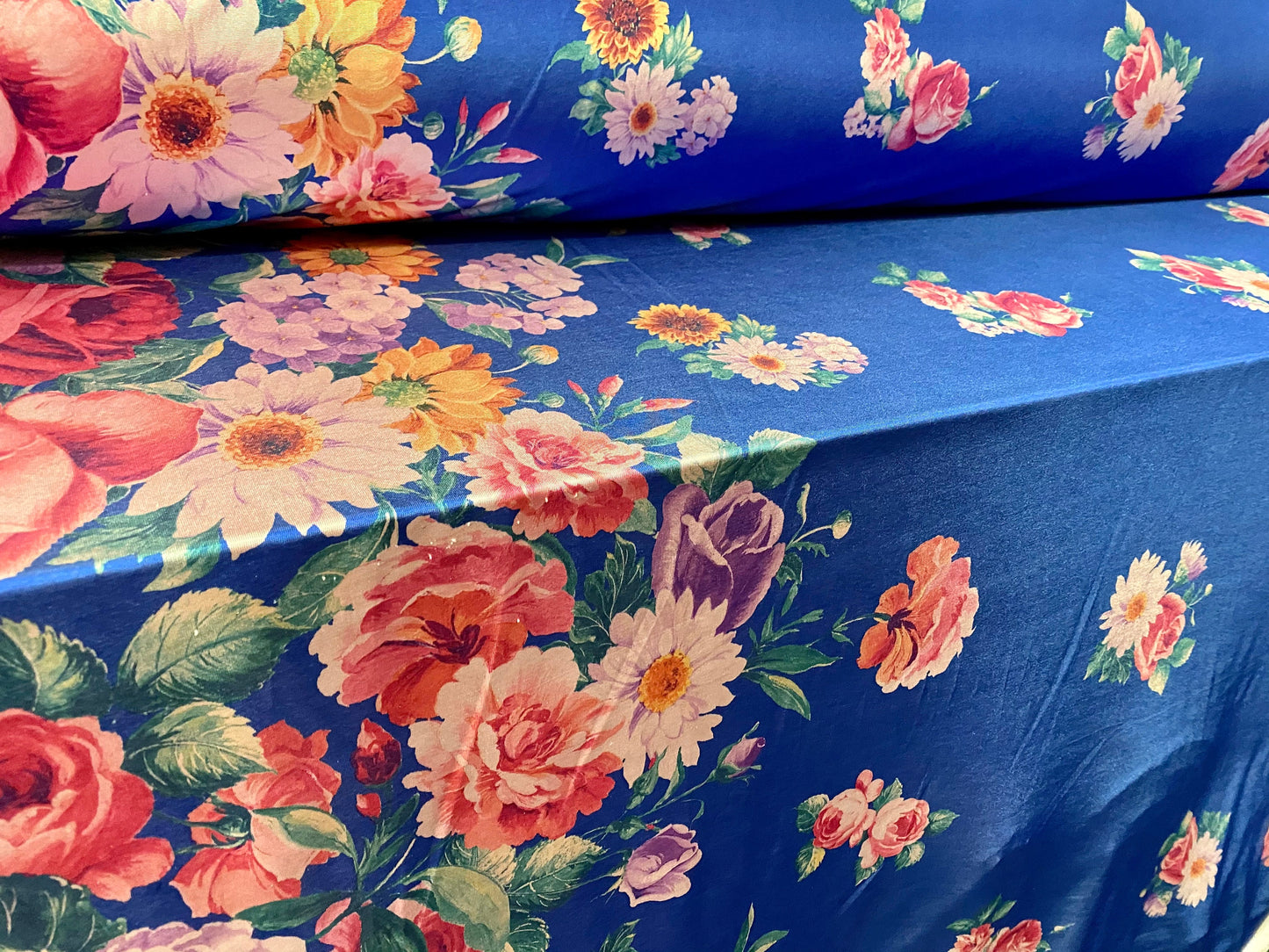 Disco shimmer stretch spandex jersey fabric, per metre - double border floral print