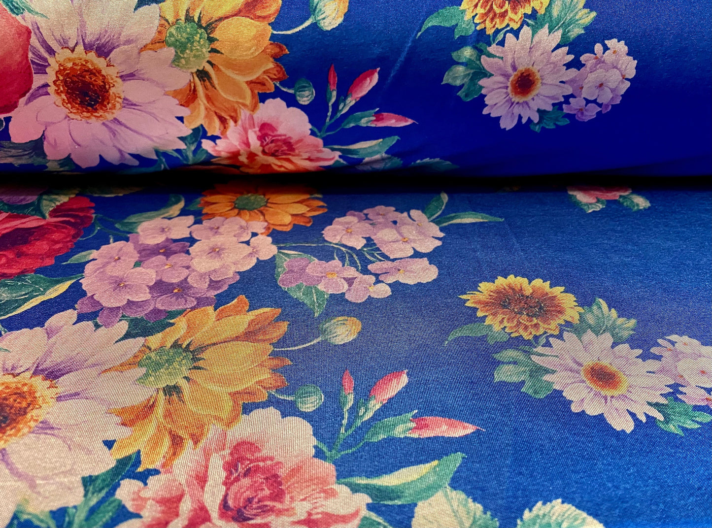 Disco shimmer stretch spandex jersey fabric, per metre - double border floral print