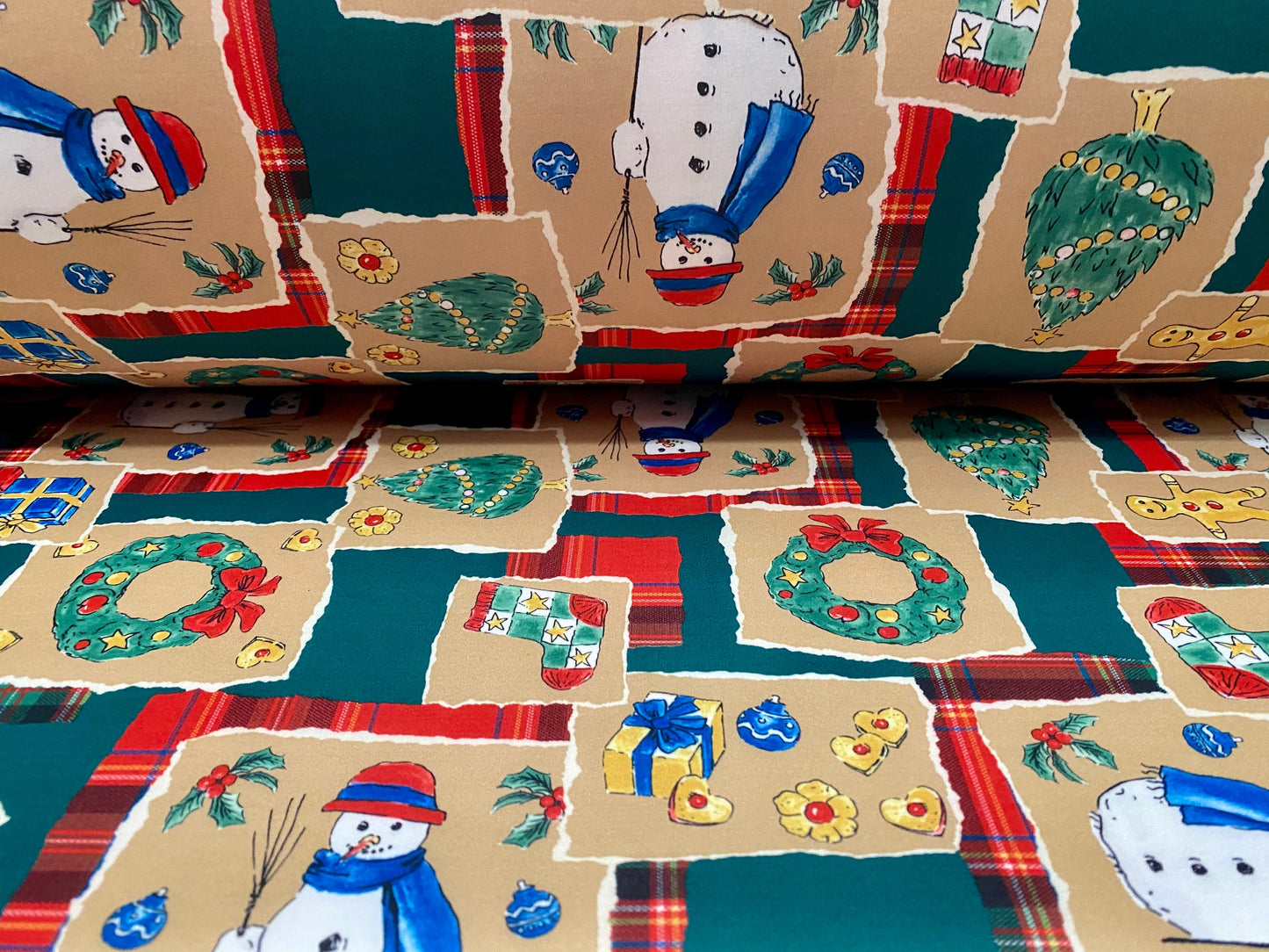 Sandwich Scuba Neoprene spandex double jersey fabric, per metre - Christmas tree & snowman print