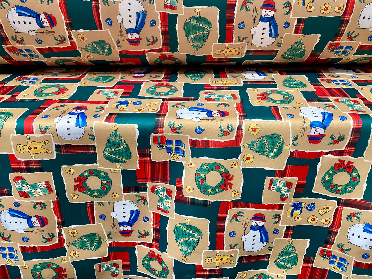 Sandwich Scuba Neoprene spandex double jersey fabric, per metre - Christmas tree & snowman print