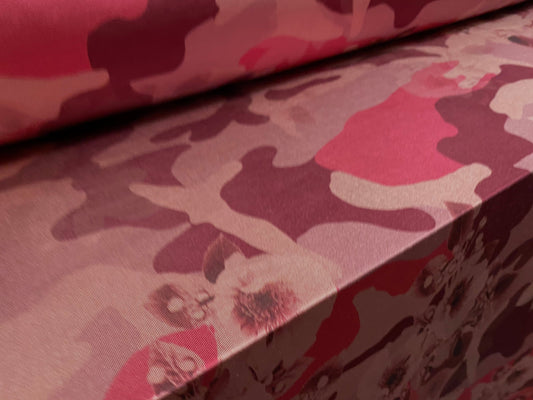 Disco shimmer stretch spandex jersey fabric, per metre - camouflage flowers print - dusky pink and aubergine