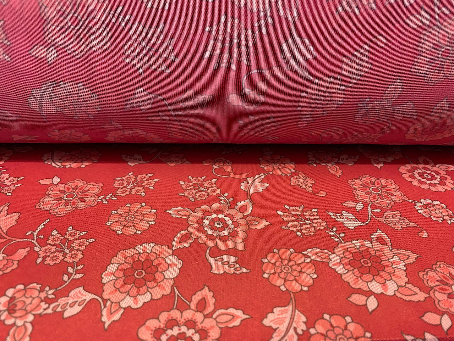 Power mesh net stretch fabric, per metre - raspberry floral print