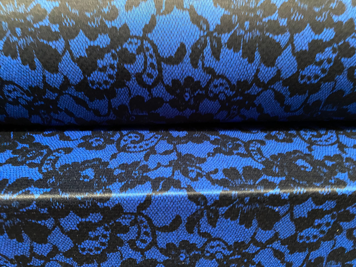 Single jersey fabric with One way stretch, per metre - royal blue with black lace print