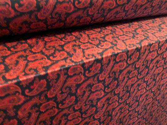 Soft touch stretch spandex jersey fabric, per metre - black with dark red paisley print