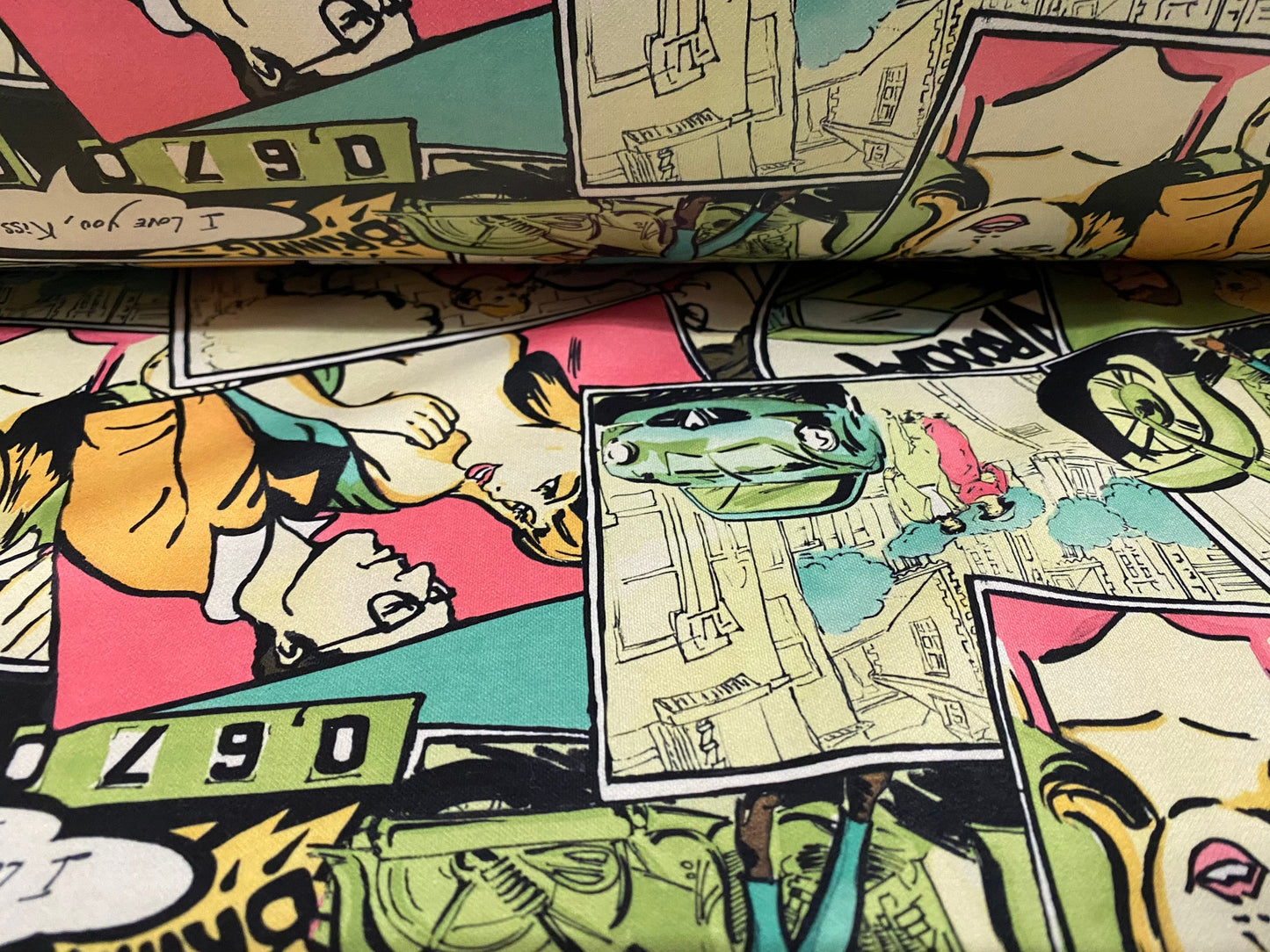 Coated Double jersey stretch spandex fabric, per metre - comic strip cartoon print