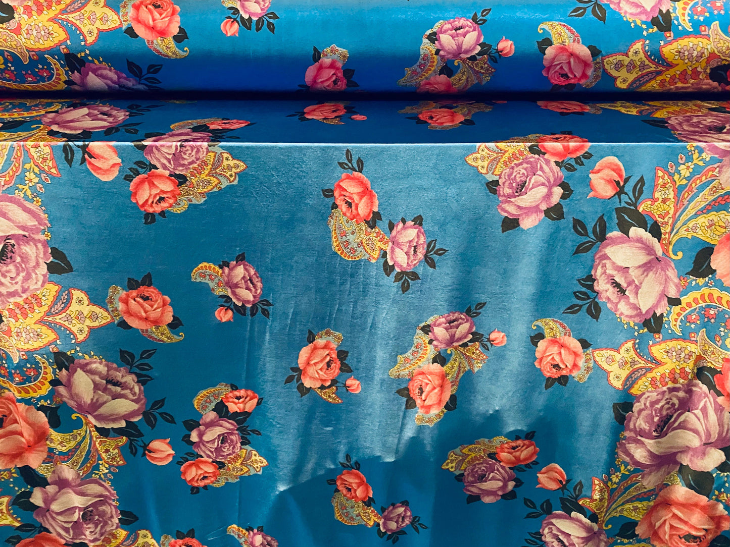 Disco shimmer spandex stretch jersey fabric, per metre - blue with pink rose double border floral print