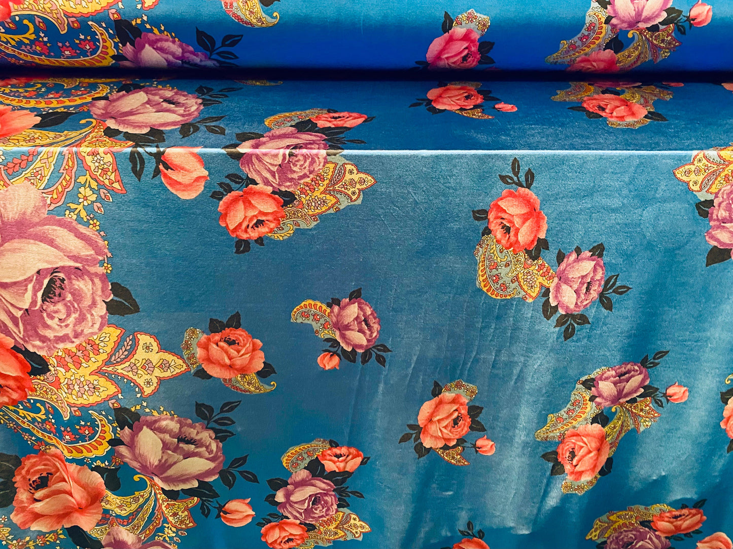 Disco shimmer spandex stretch jersey fabric, per metre - blue with pink rose double border floral print