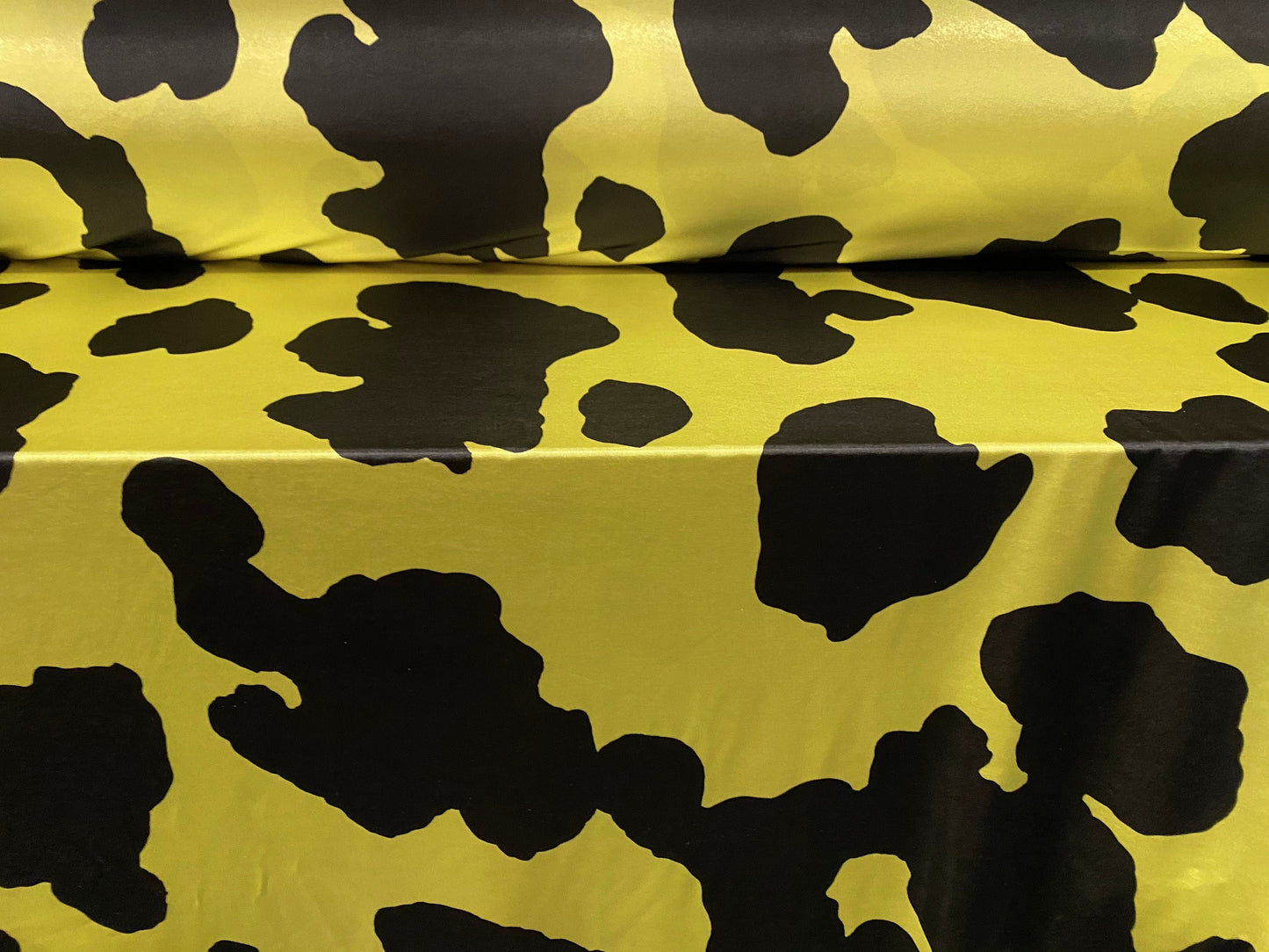 Disco shimmer stretch spandex jersey fabric, per metre - cow hide print - yellow