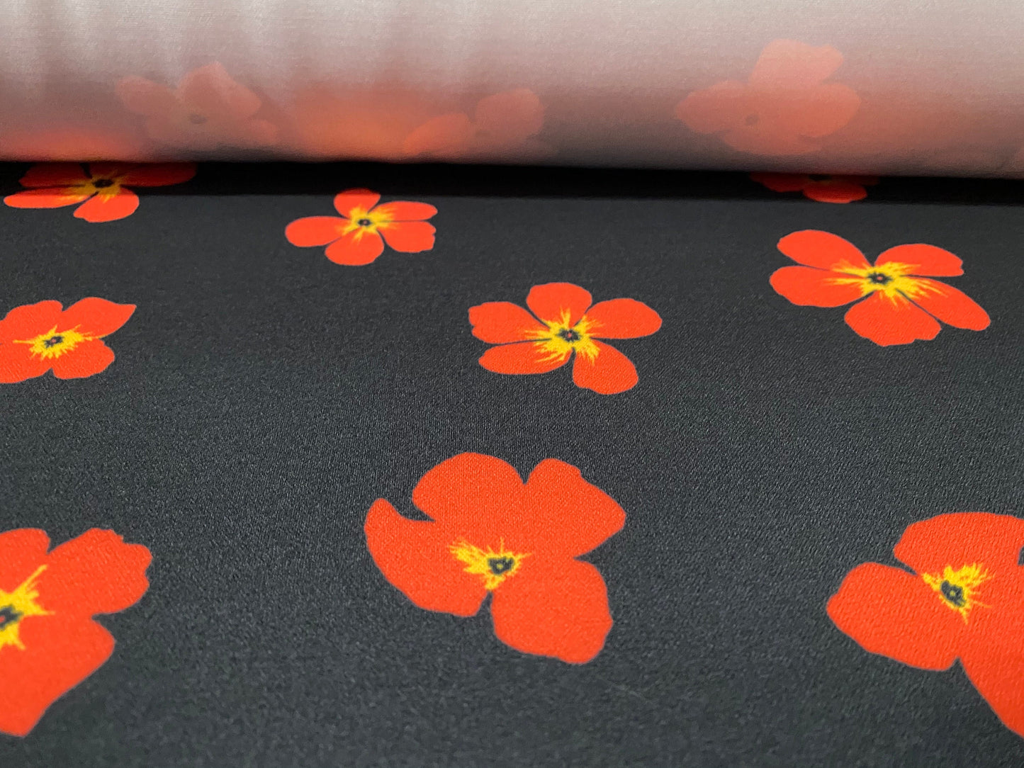 Scuba crepe fabric stretch spandex jersey, per metre - black with red poppy print