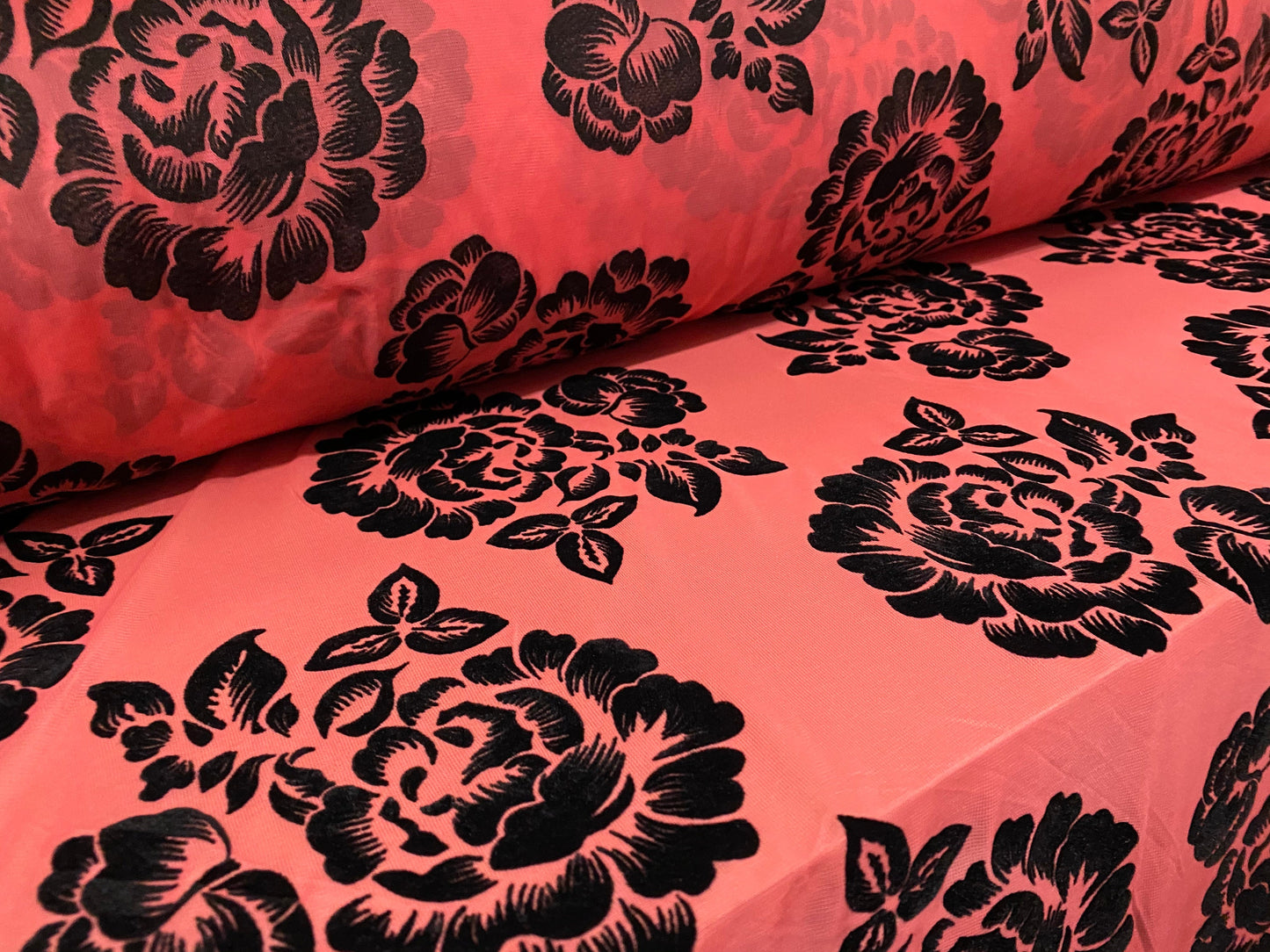 Chiffon jersey mesh net fabric with rose flocked print design, per metre - coral pink