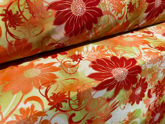 Power mesh net stretch fabric, per metre - Gerbera flower print - Red & orange