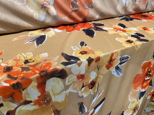 Chiffon jersey dress blouse fabric, per metre - Dark gold floral print