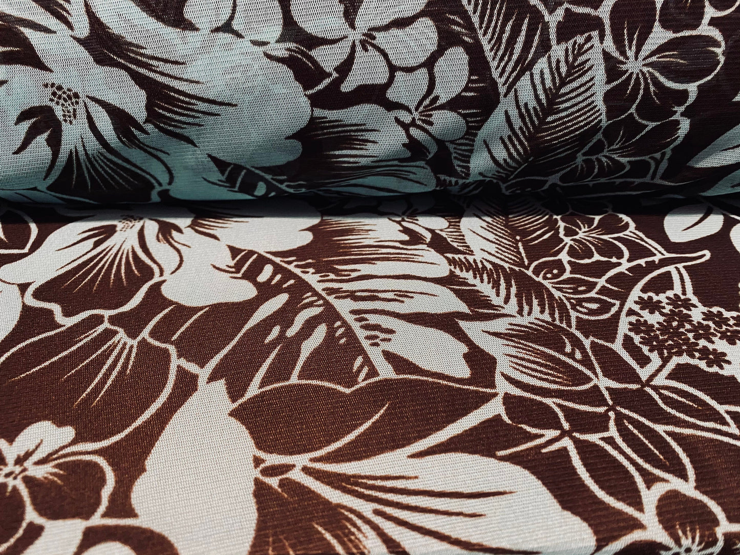 Power mesh net stretch fabric, per metre - floral print - brown & turquoise