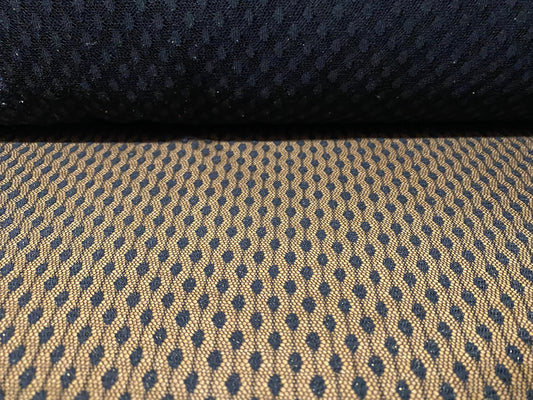 Dobby mesh net lightweight fabric, per metre - black with gold metallic shimmer