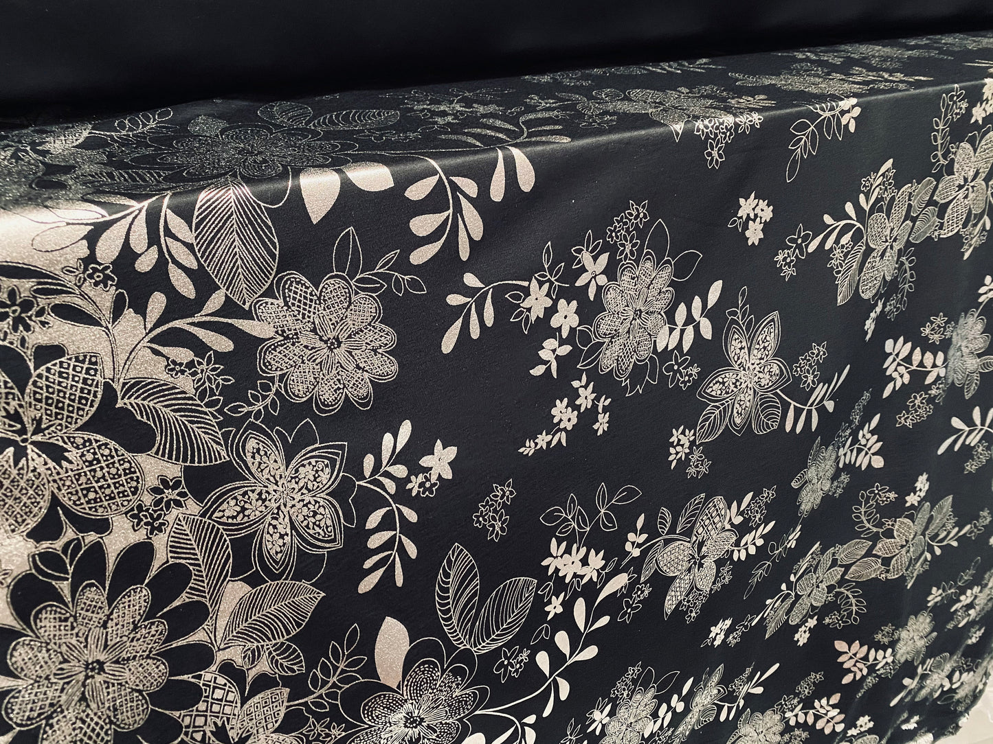 Viscose spandex stretch jersey fabric, per metre - black with silver foil metallic floral print