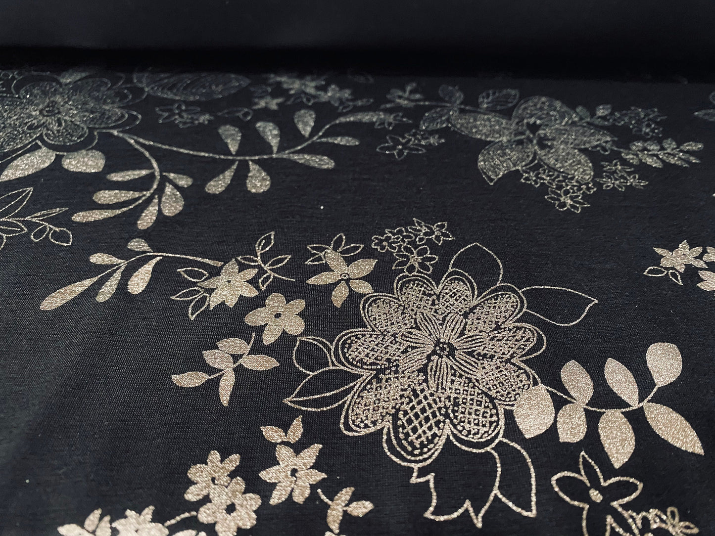 Viscose spandex stretch jersey fabric, per metre - black with silver foil metallic floral print