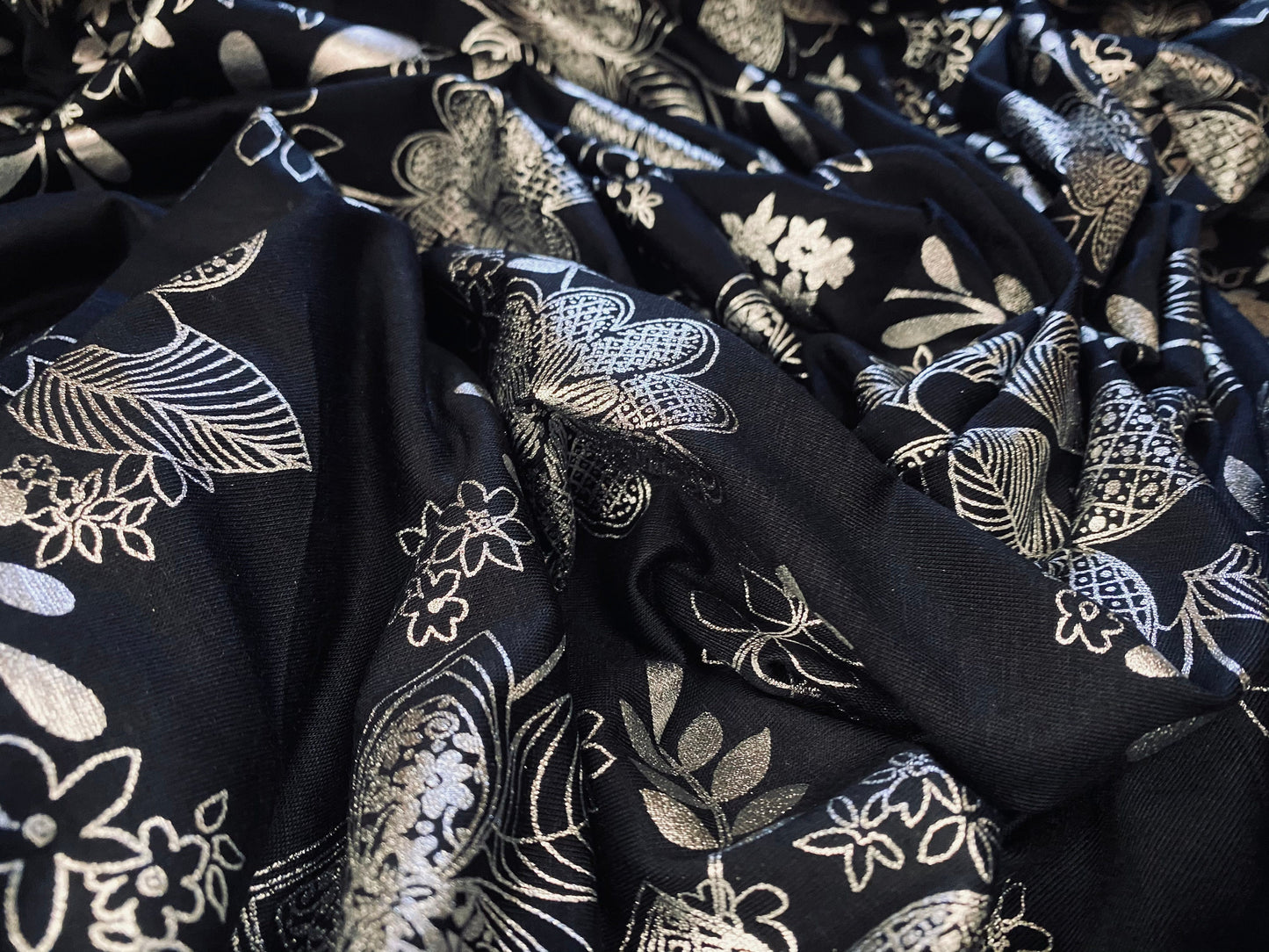 Viscose spandex stretch jersey fabric, per metre - black with silver foil metallic floral print