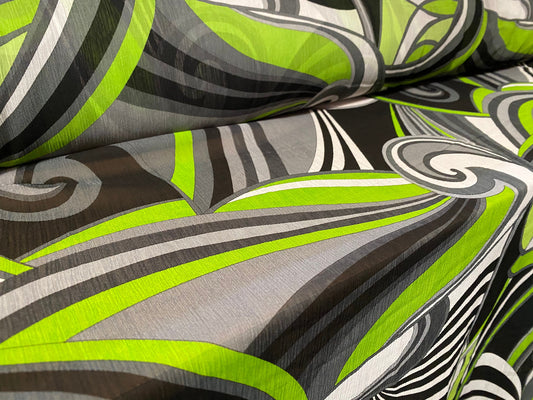 Printed chiffon yoryu dress blouse fabric, per metre - retro swirl print - green & black