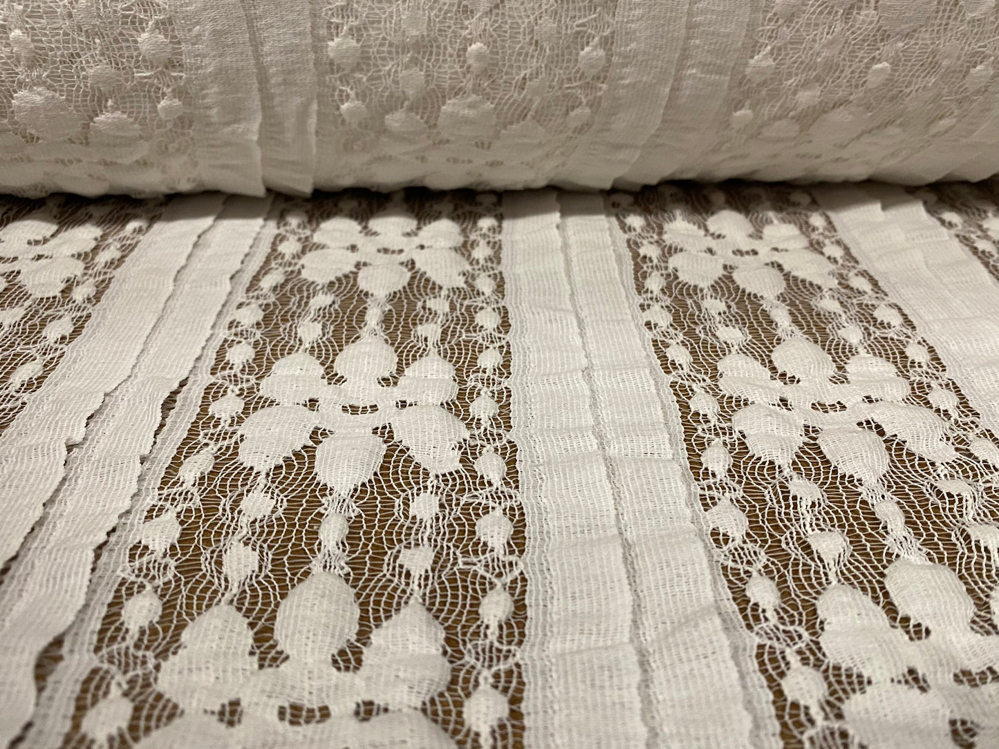 Cotton blend stretch lace with ribbon stripe, per metre - cream