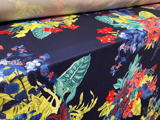 Soft touch stretch spandex jersey fabric, per metre - navy with leaf bouquet print