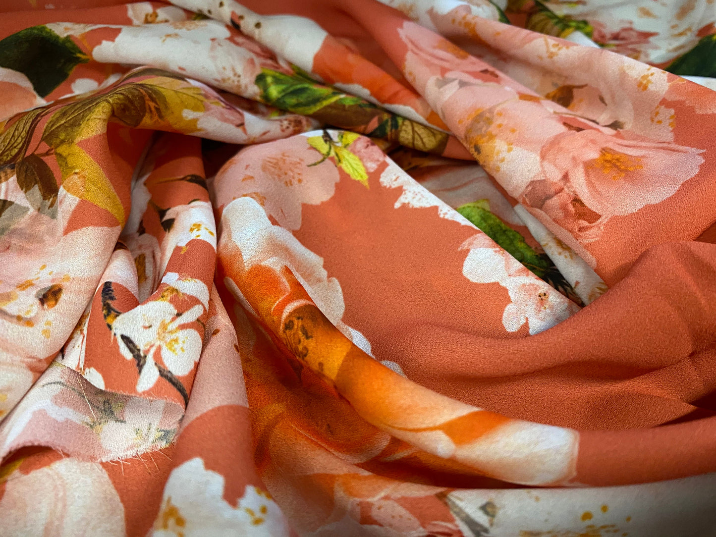 Printed georgette dress blouse fabric, per metre - flower blossom print - coral