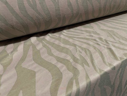 Cotton blend zebra print devoré burnout single jersey fabric, per metre - Stone & green