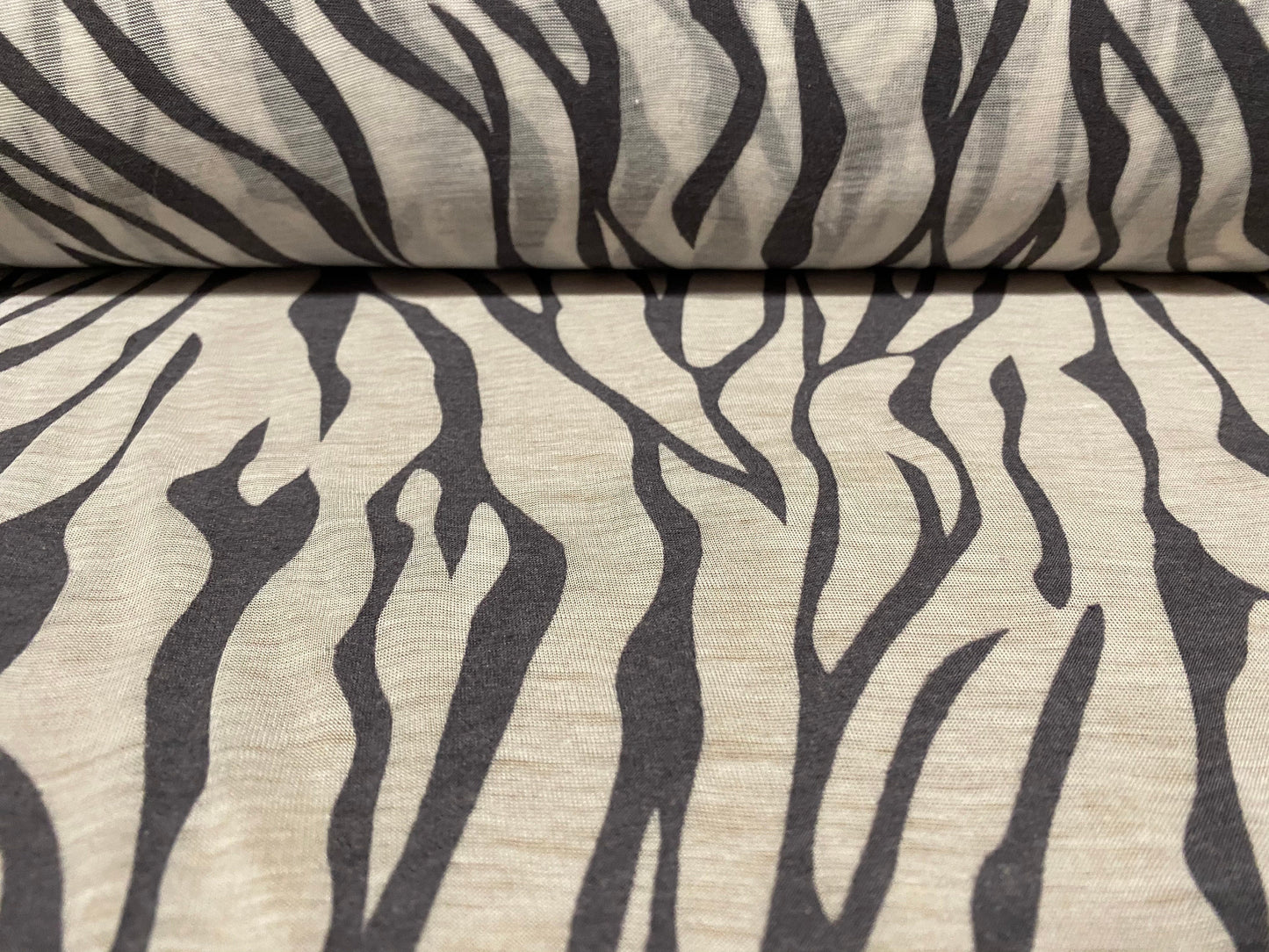 Cotton blend zebra print devoré burnout single jersey fabric, per metre - grey & white