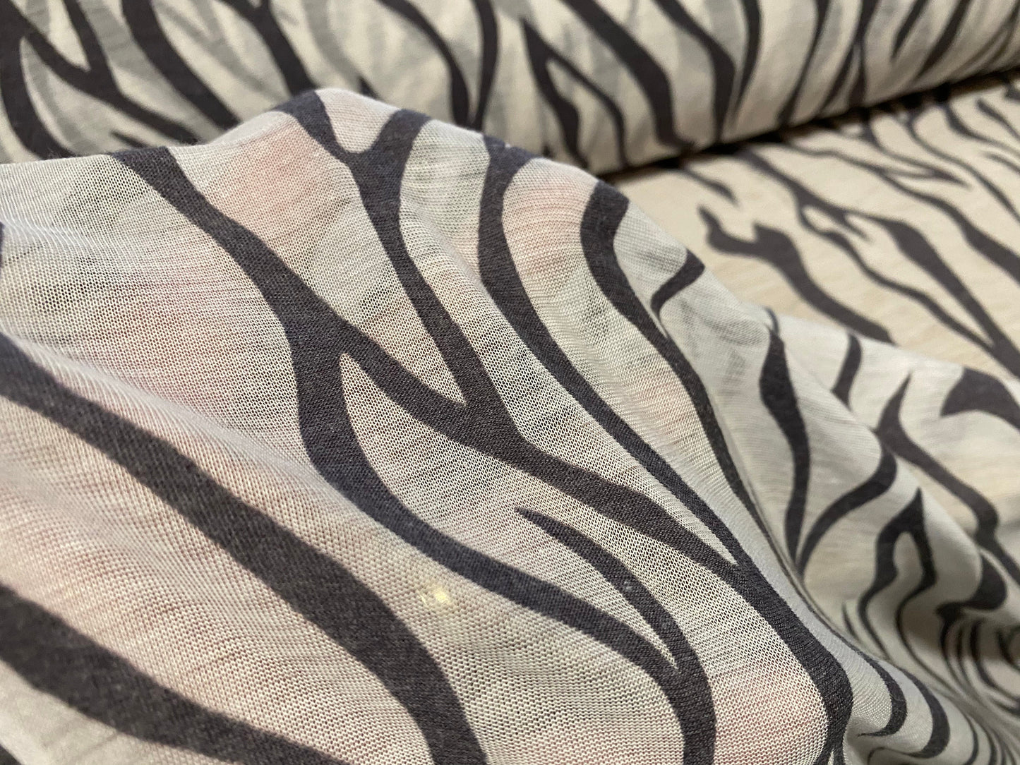 Cotton blend zebra print devoré burnout single jersey fabric, per metre - grey & white