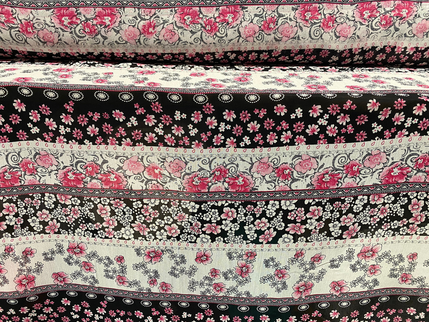 Printed chiffon yoryu dress blouse fabric, per metre - floral stripe print - pink & black