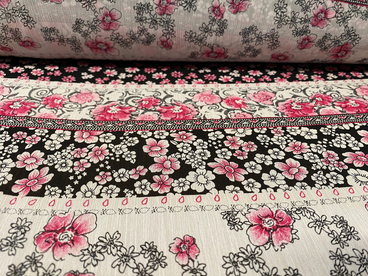 Printed chiffon yoryu dress blouse fabric, per metre - floral stripe print - pink & black