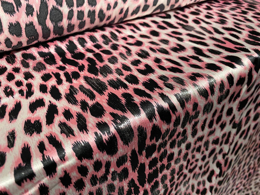 Silky Stretch satin dress fabric, per metre - Leopardskin shimmer print - pink