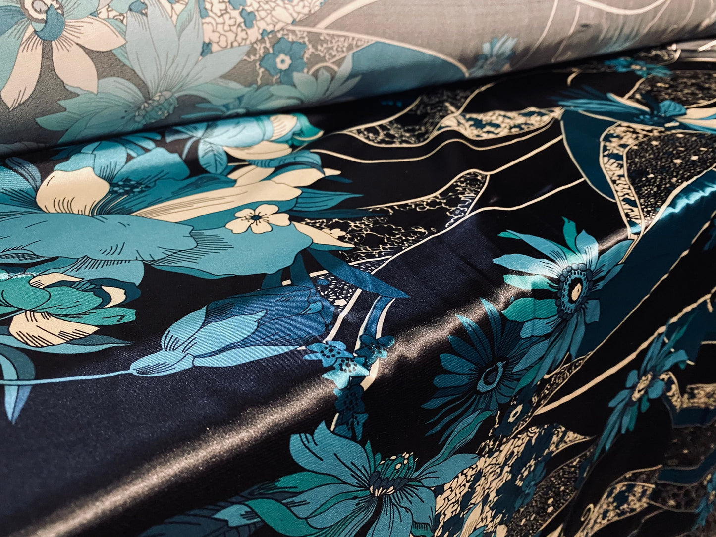 Silky Stretch satin dress fabric, per metre - Floral print - black & teal