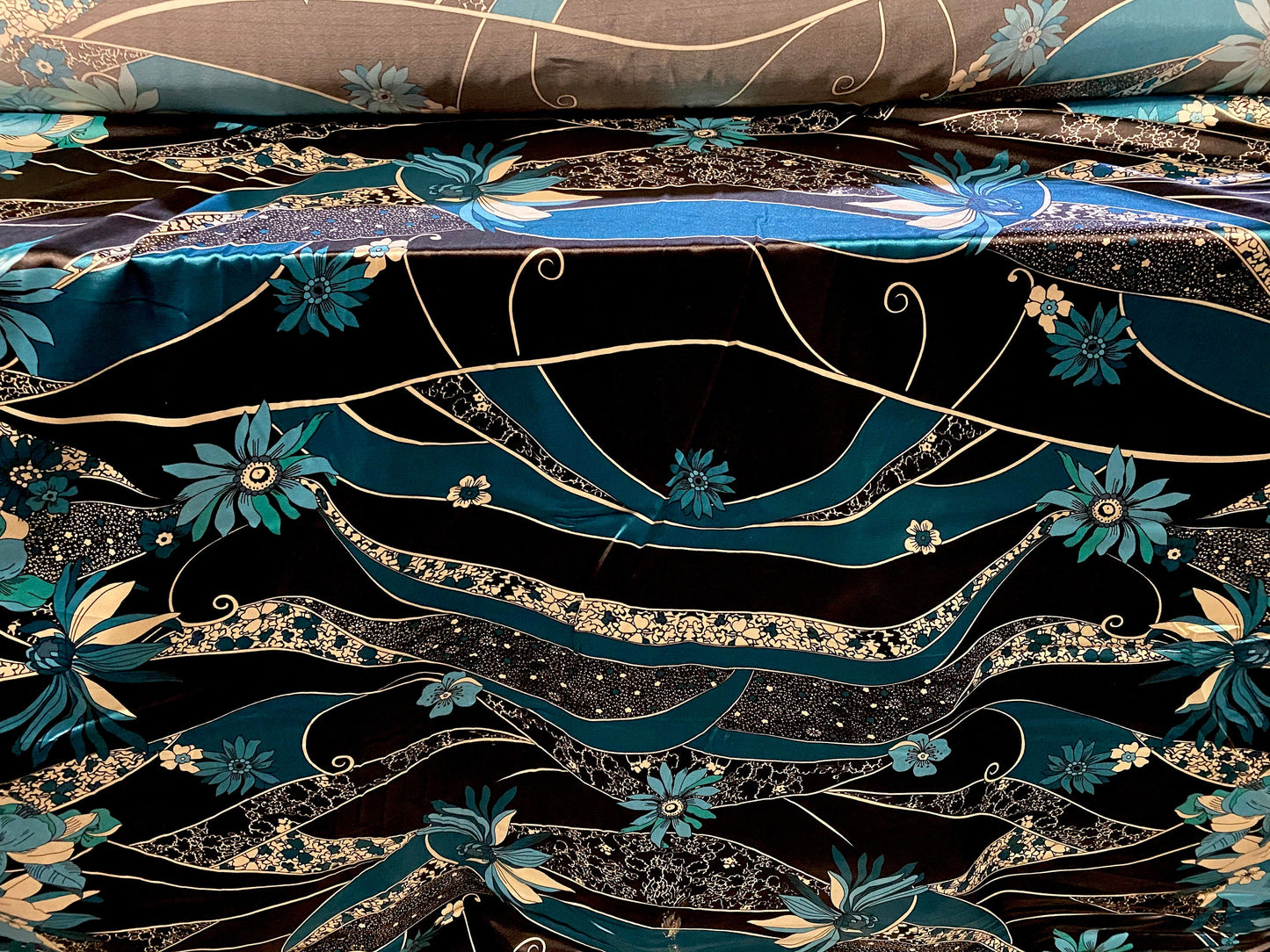 Silky Stretch satin dress fabric, per metre - Floral print - black & teal