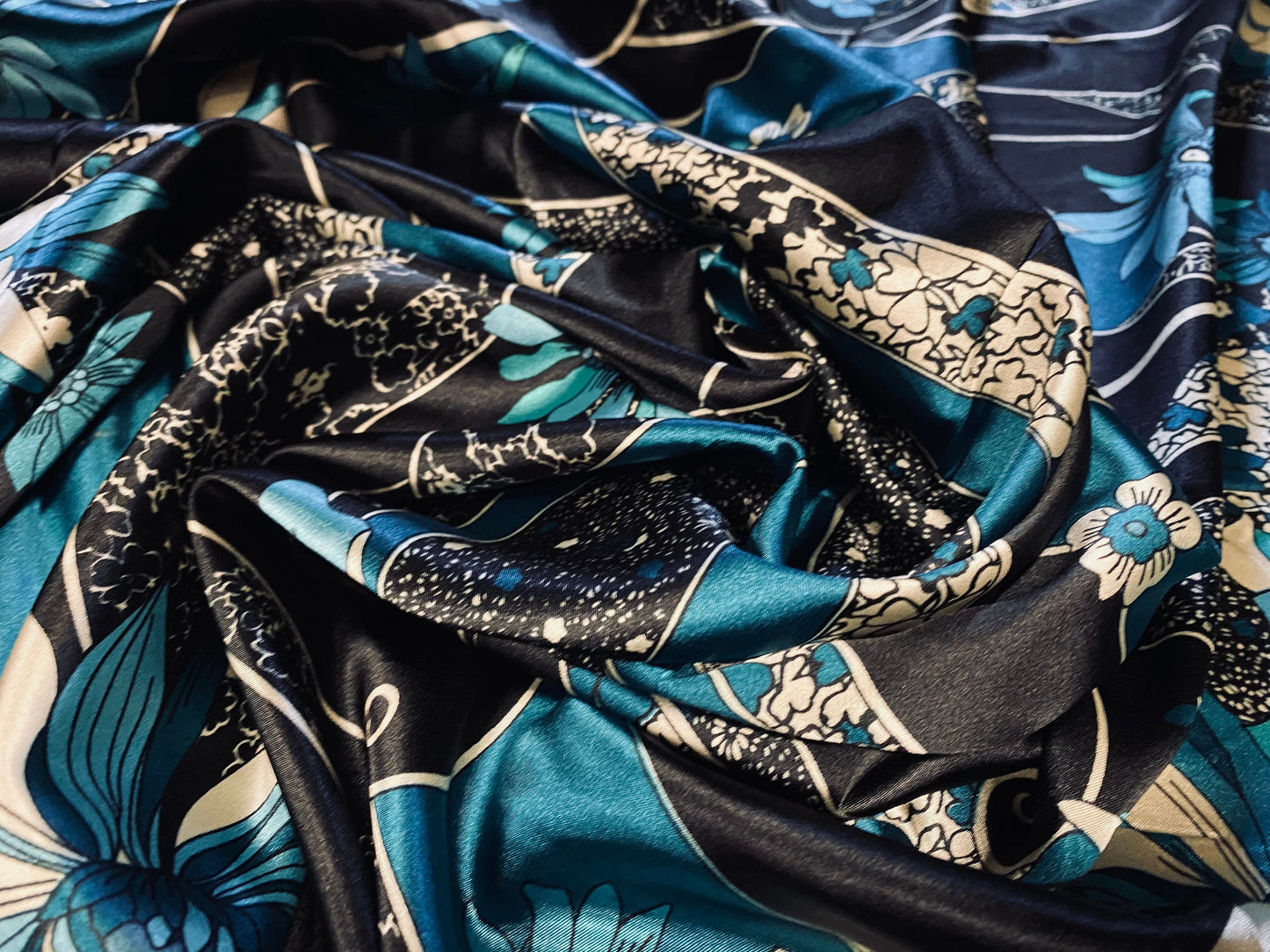 Silky Stretch satin dress fabric, per metre - Floral print - black & teal