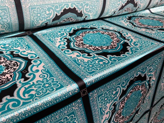 Silky Stretch satin dress fabric, per metre - paisley geometric print - black & turquoise